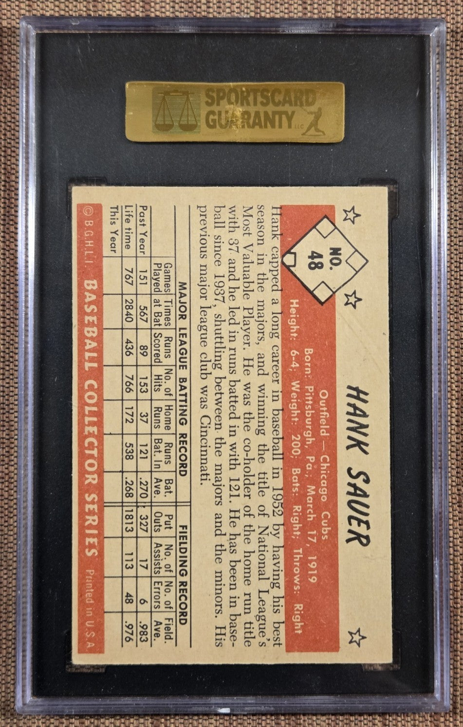 1953 Bowman #48 Hank Sauer Cincinnati Reds Cubs Giants Baseball Card SGC 7 NM1