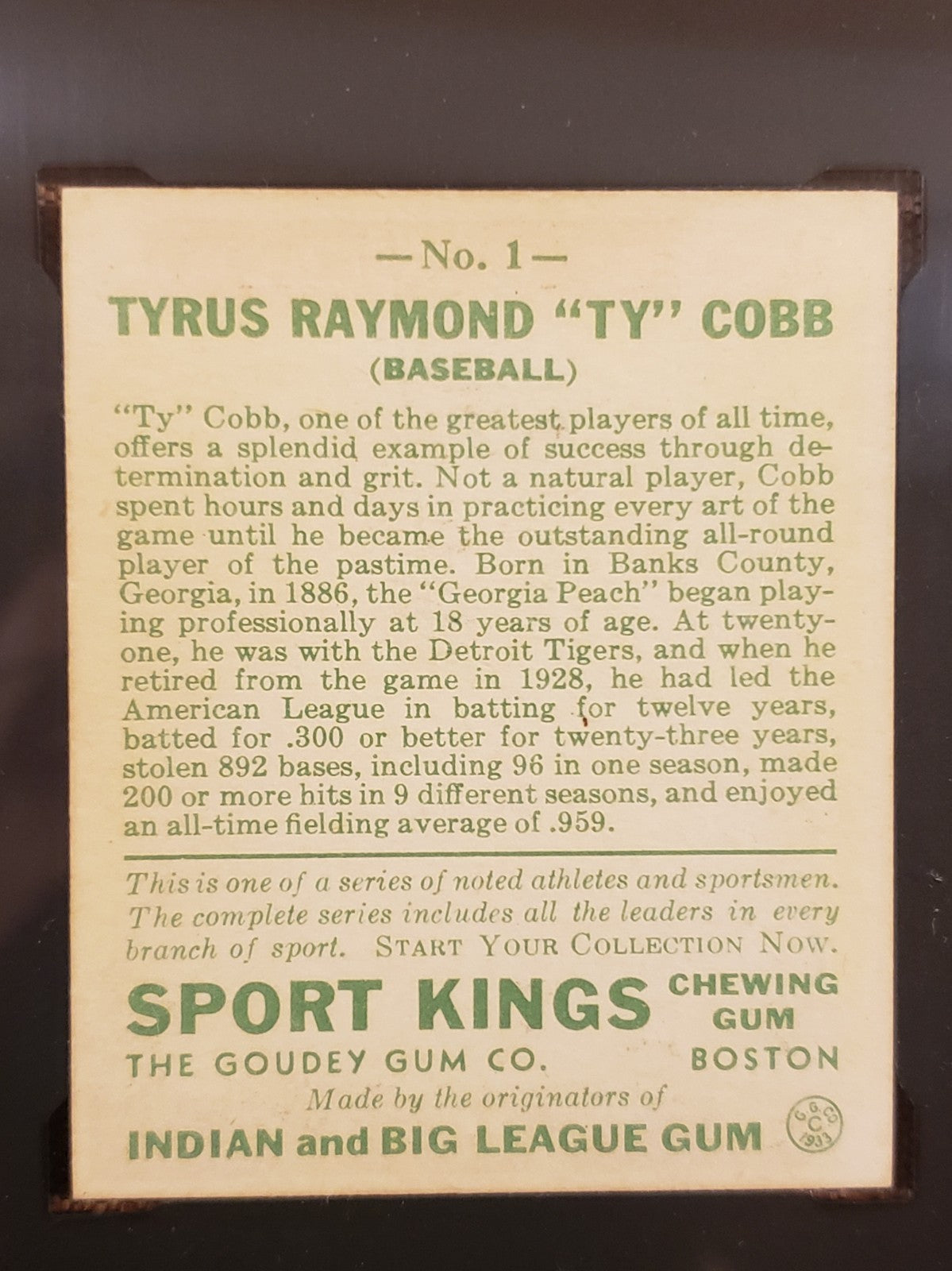 1933 Sport Kings Gum #1 Ty Cobb Detroit Tigers Baseball Card SGC 8 NM/MT POP 15