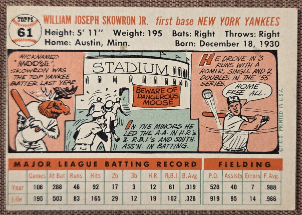 1956 Topps #61 Bill Skowron New York Yankees Authentic Original Baseball Card5