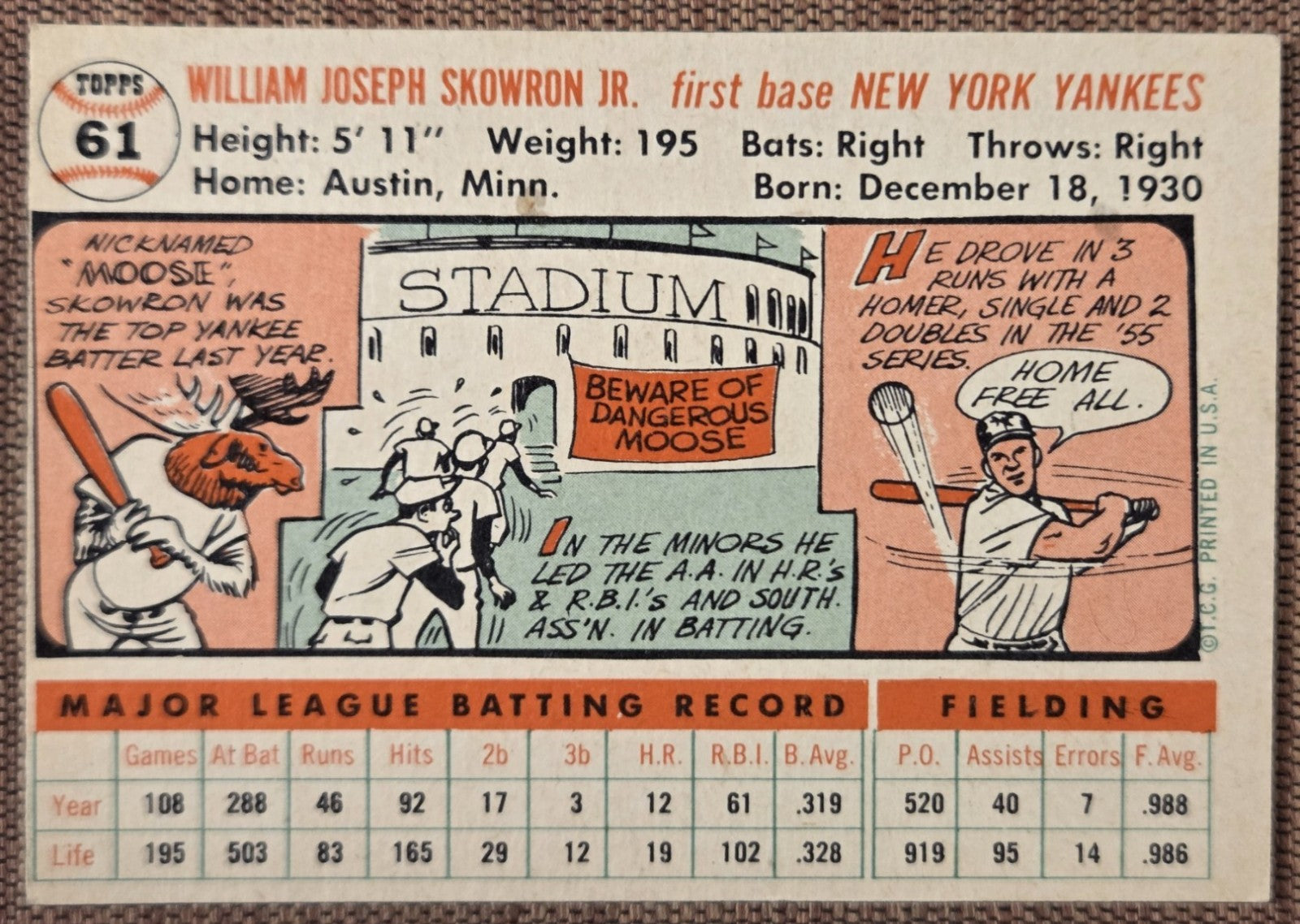 1956 Topps #61 Bill Skowron New York Yankees Authentic Original Baseball Card5