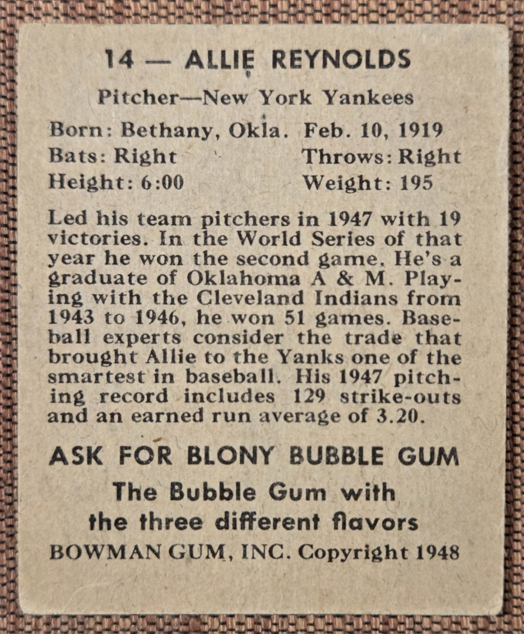 1948 Bowman #14 Allie Reynolds New York Yankees Original Rookie Baseball Card RC5