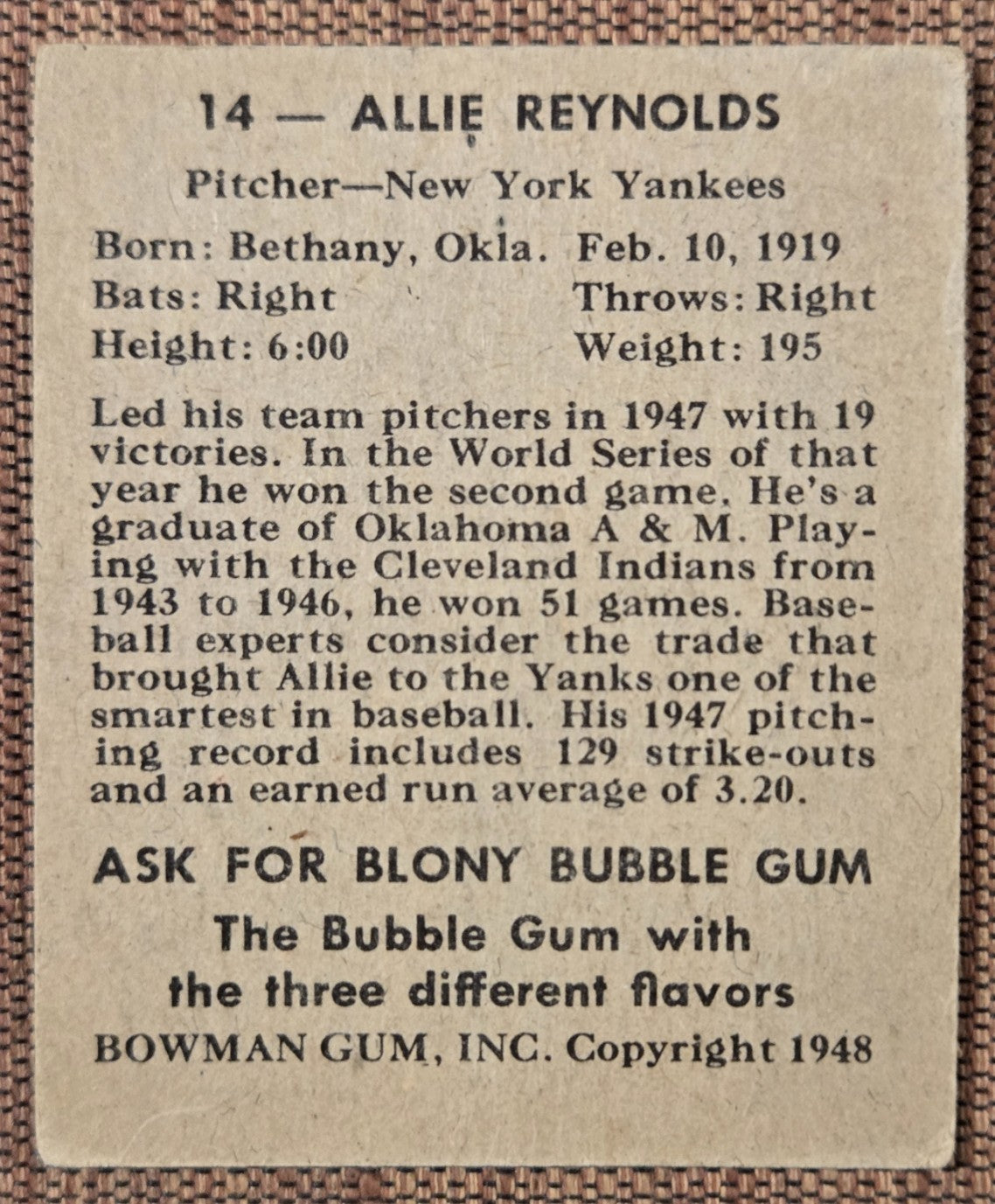 1948 Bowman #14 Allie Reynolds New York Yankees Original Rookie Baseball Card RC5