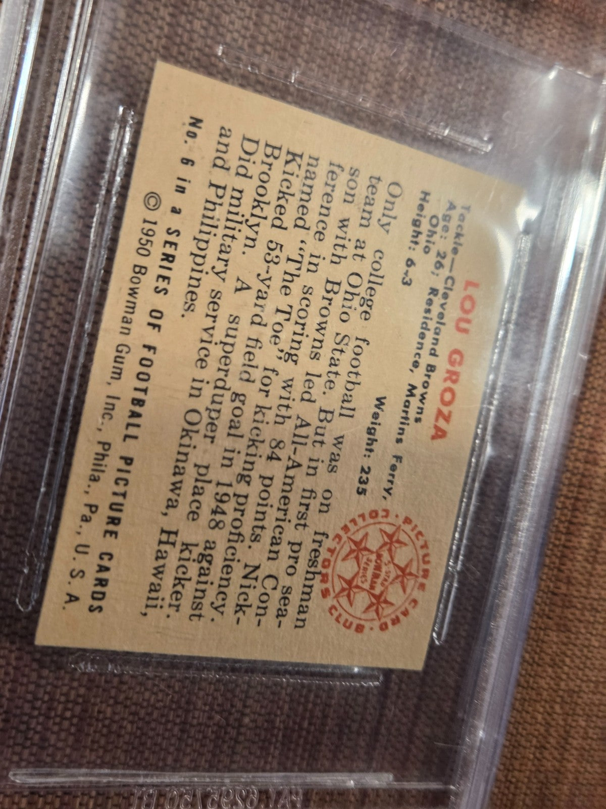 1950 Bowman #6 Lou Groza Browns Rookie Football Card BVG 9.5 Gem Mint RC6