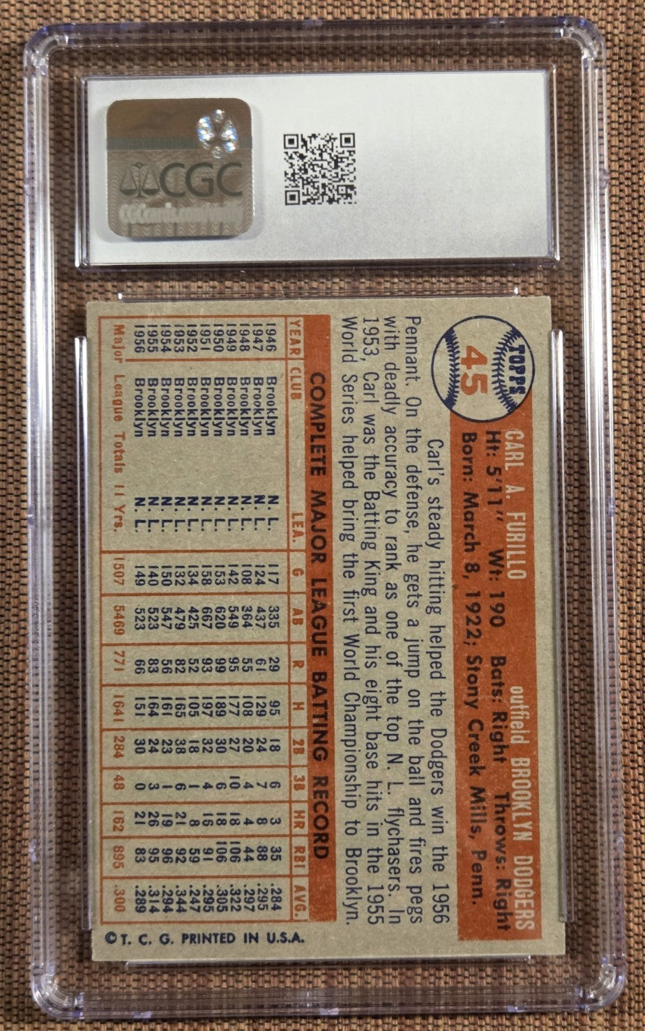 1957 Topps #45 Carl Furillo Brooklyn Dodgers Original Baseball Card CGC 8.51