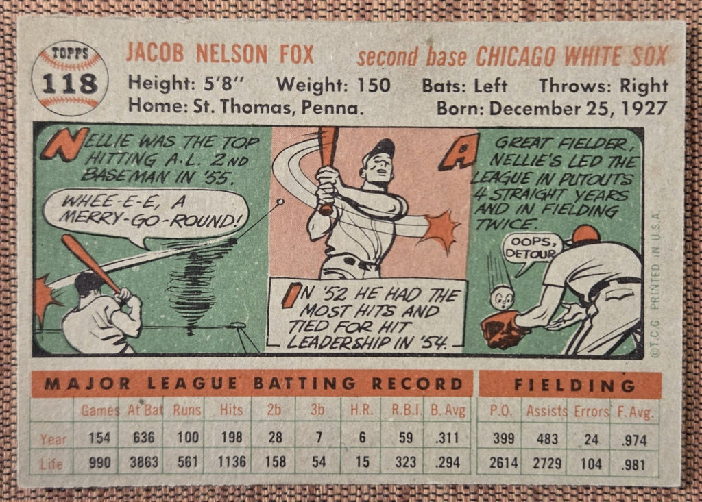 1956 Topps Gray Back #118 Nellie Fox Chicago White Sox Original Baseball Card5