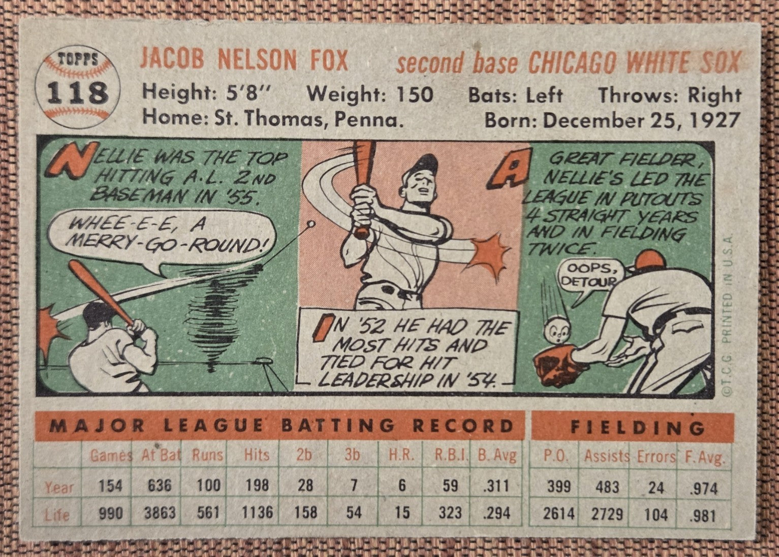 1956 Topps Gray Back #118 Nellie Fox Chicago White Sox Original Baseball Card5