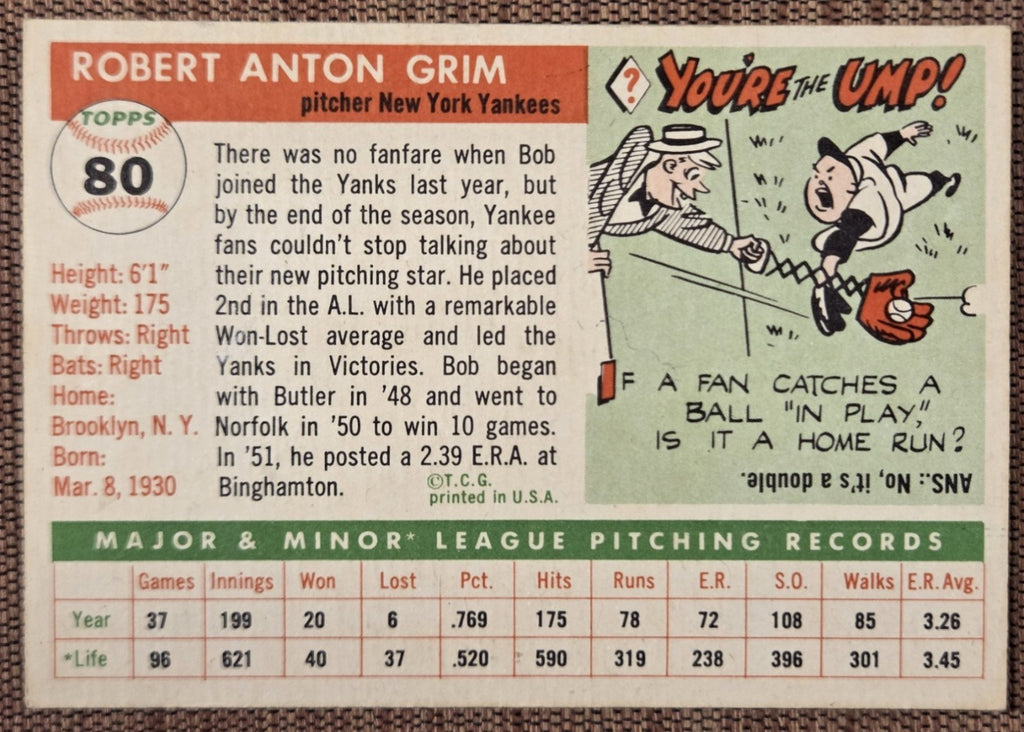 1955 Topps #80 Bob Grim New York Yankees Original Rookie Baseball Card RC5