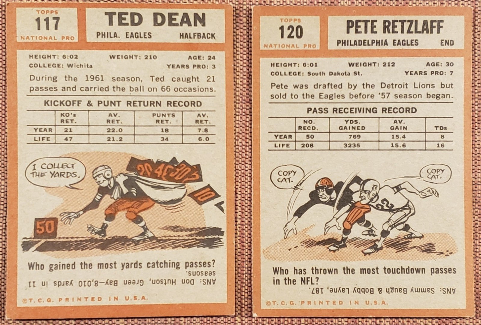 1962 Topps Football Cards Retzlaff SP Dean SP Schrader SP Smith RC Peaks Walston7