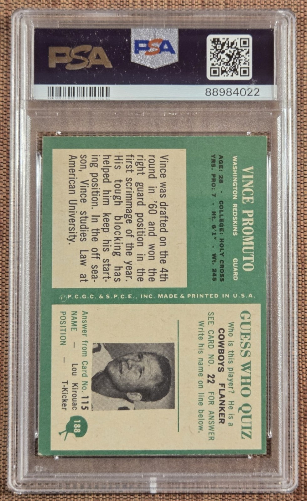 1966 Philadelphia #188 Vince Promuto Washington Redskins Football Card PSA 61