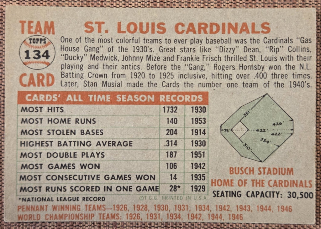 1956 Topps #134 St. Louis Cardinals Musial Moon Boyer Virdon Haddix Schoendienst6