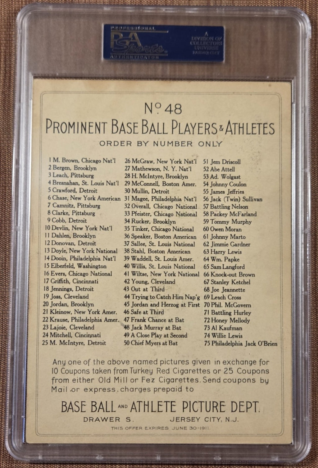 1911 Turkey Red Cabinets CL Back T3 Jack Murray NY Giants Baseball Cabinets PSA41