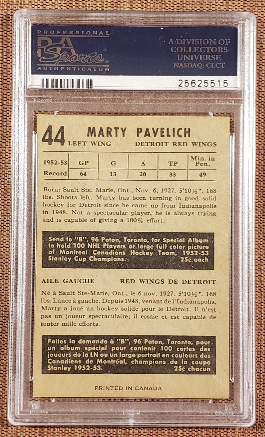 1953 Parkhurst #44 Marty Pavelich Detroit Red Wings Original Hockey Card PSA 81