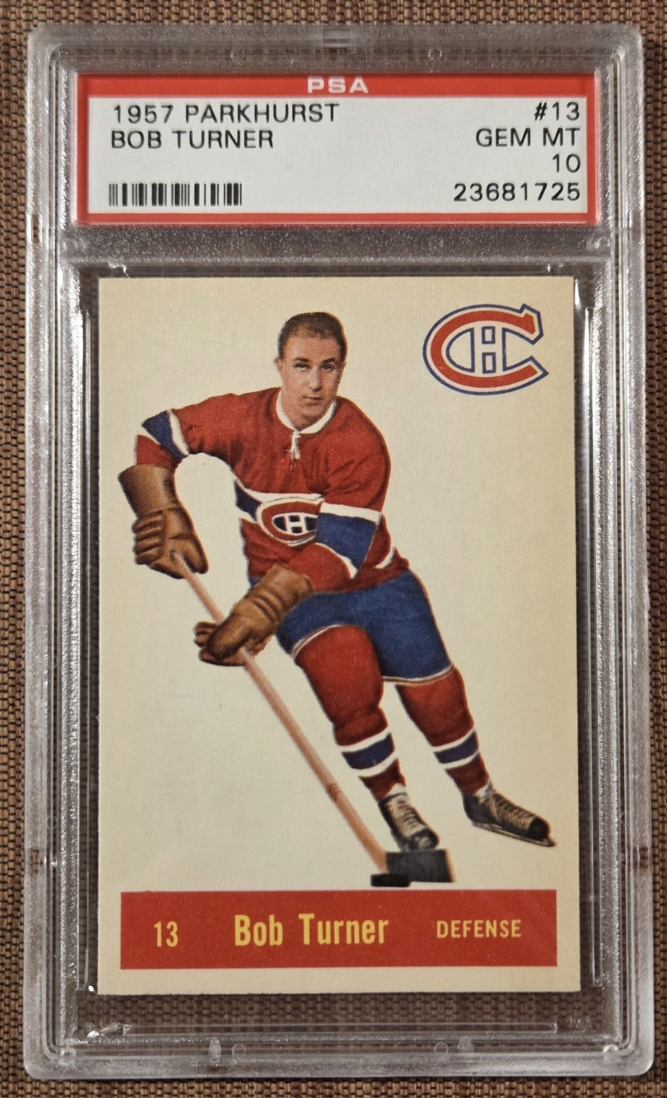 1957 Parkhurst #13 Bob Turner Montreal Canadiens Hockey Card PSA 10 Gem Mint0