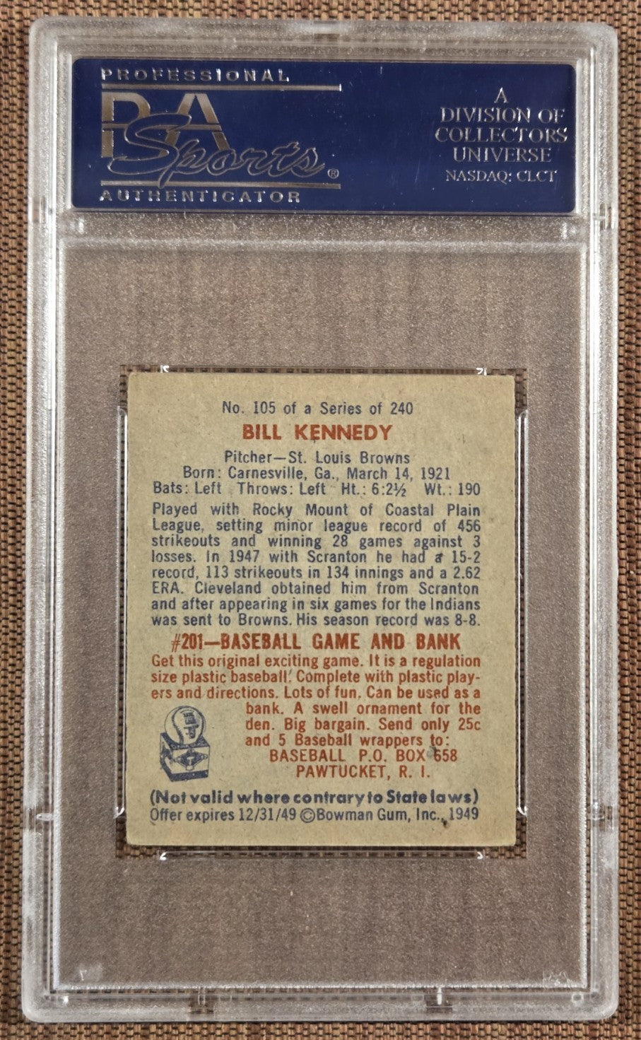 1949 Bowman #105 Bill Kennedy St. Louis Browns Rookie Baseball Card PSA 5.5 RC1