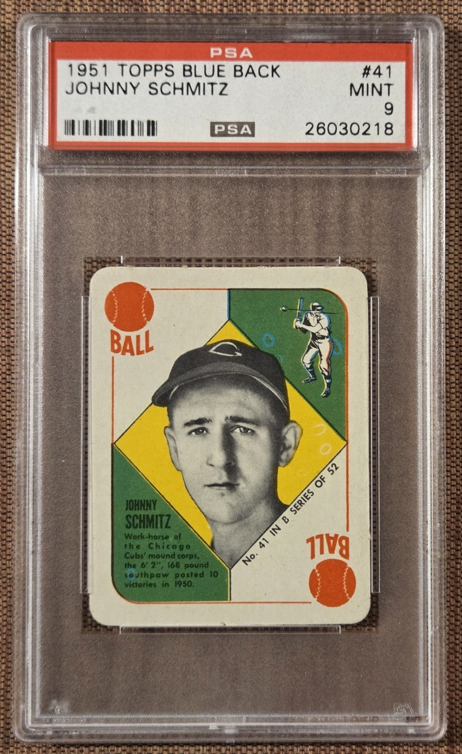 1951 Topps Red Back #41 Johnny Schmitz Chicago Cubs Baseball Card PSA 9 Mint0