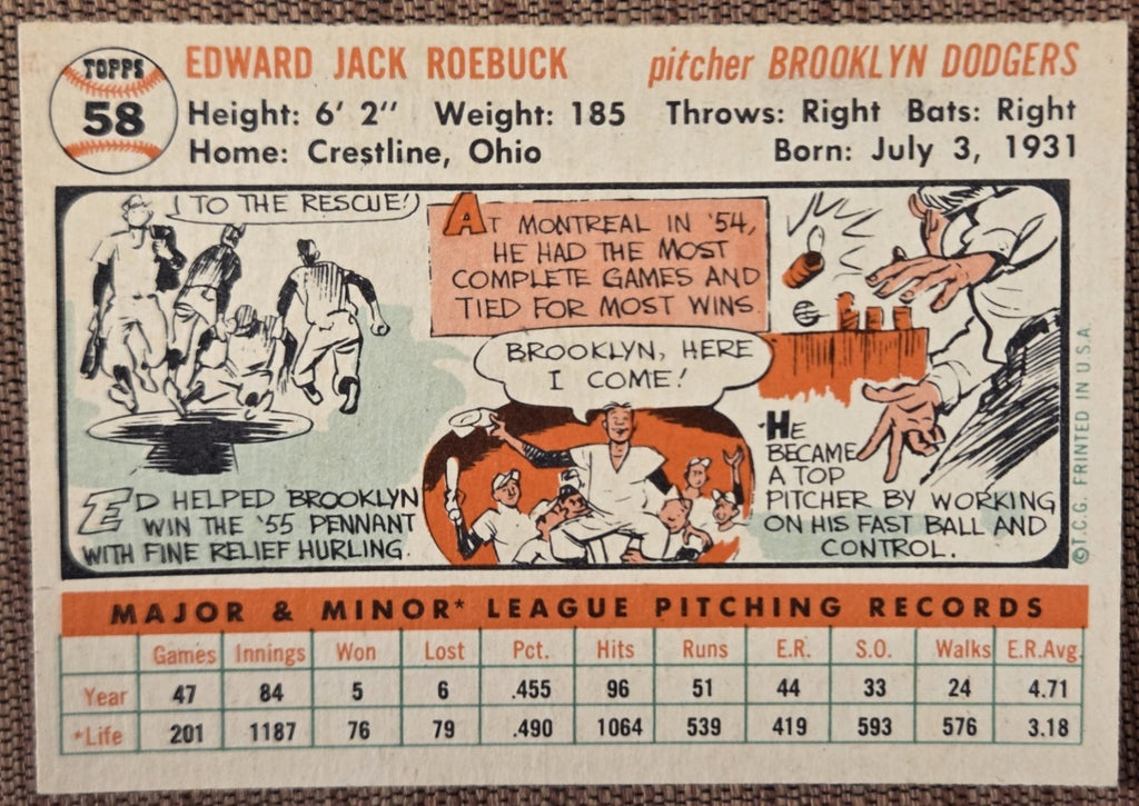 1956 Topps #58 Ed Roebuck Brooklyn Dodgers Authentic Original Baseball Card5