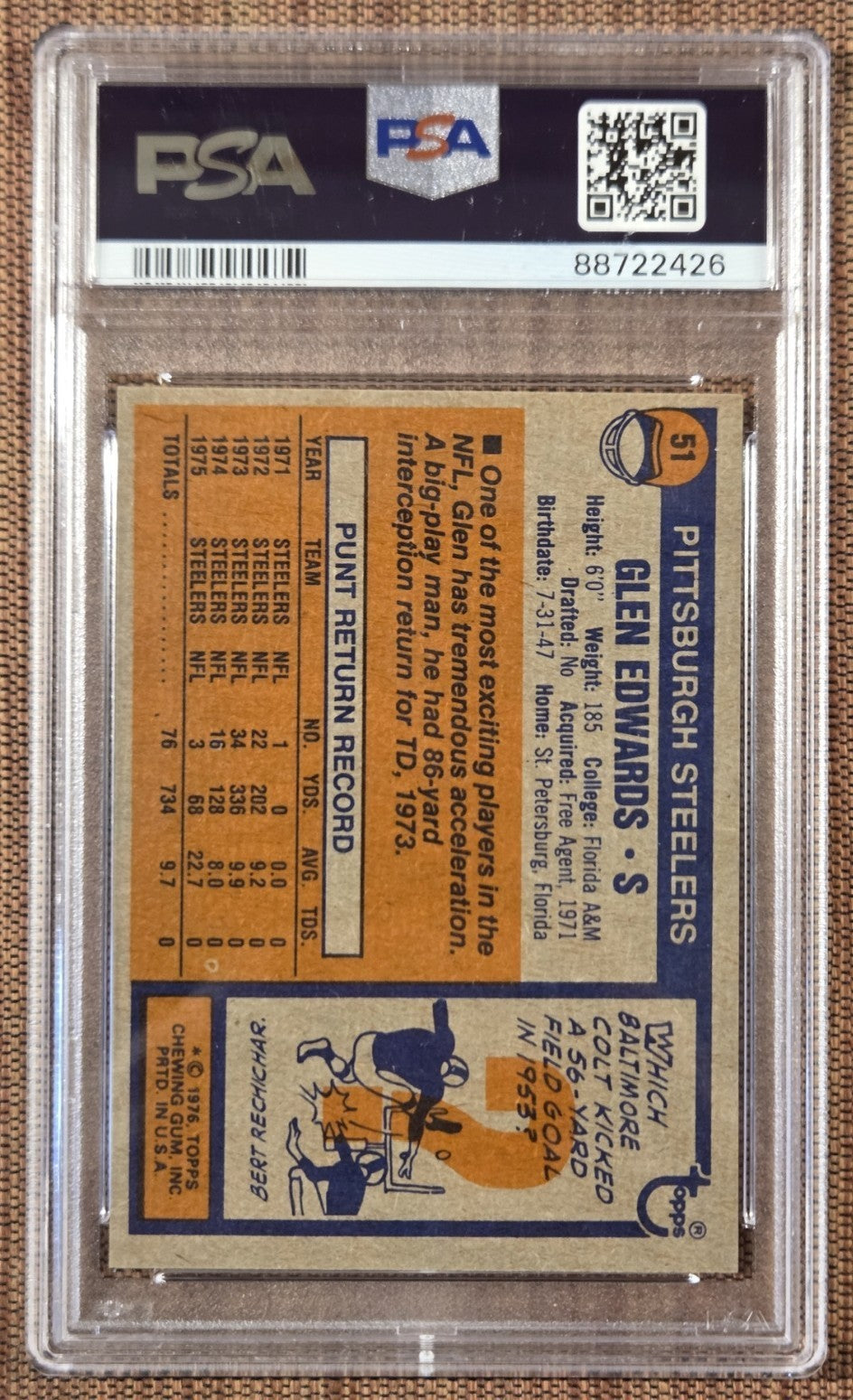 1976 Topps #51 Glen Edwards Pittsburgh Steelers Original Football Card PSA9 Mint1