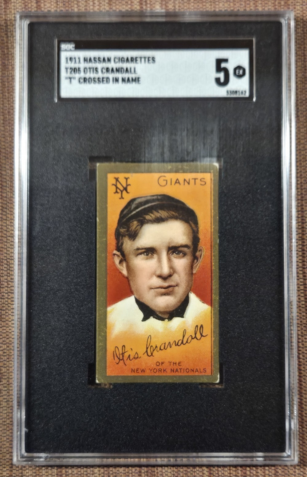 1911 T205 Otis Crandall T Crossed in Name New York Giants Baseball Card SGC 5 EX0