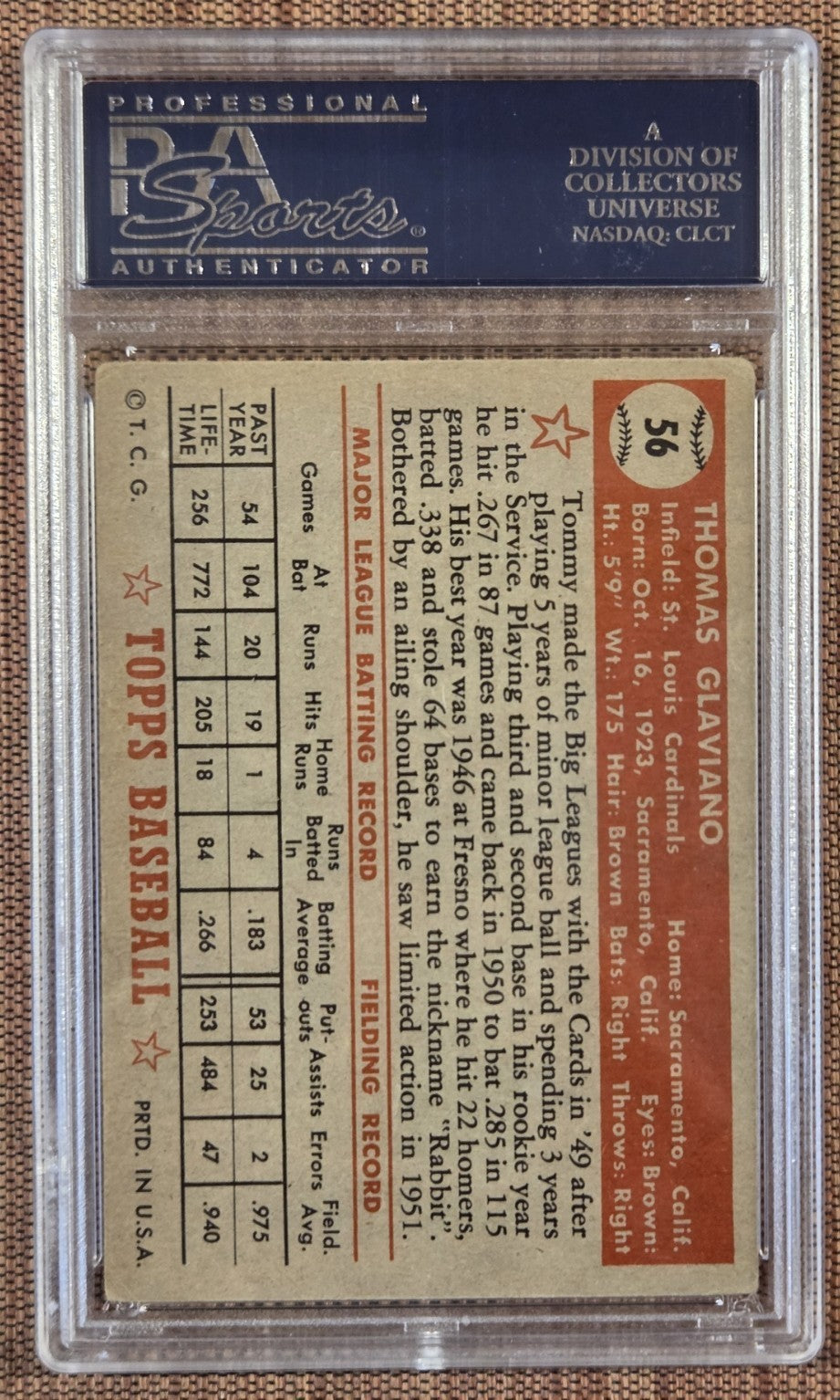 1952 Topps #56 Tommy Glaviano St. Louis Cardinals Original Baseball Card PSA 3.51