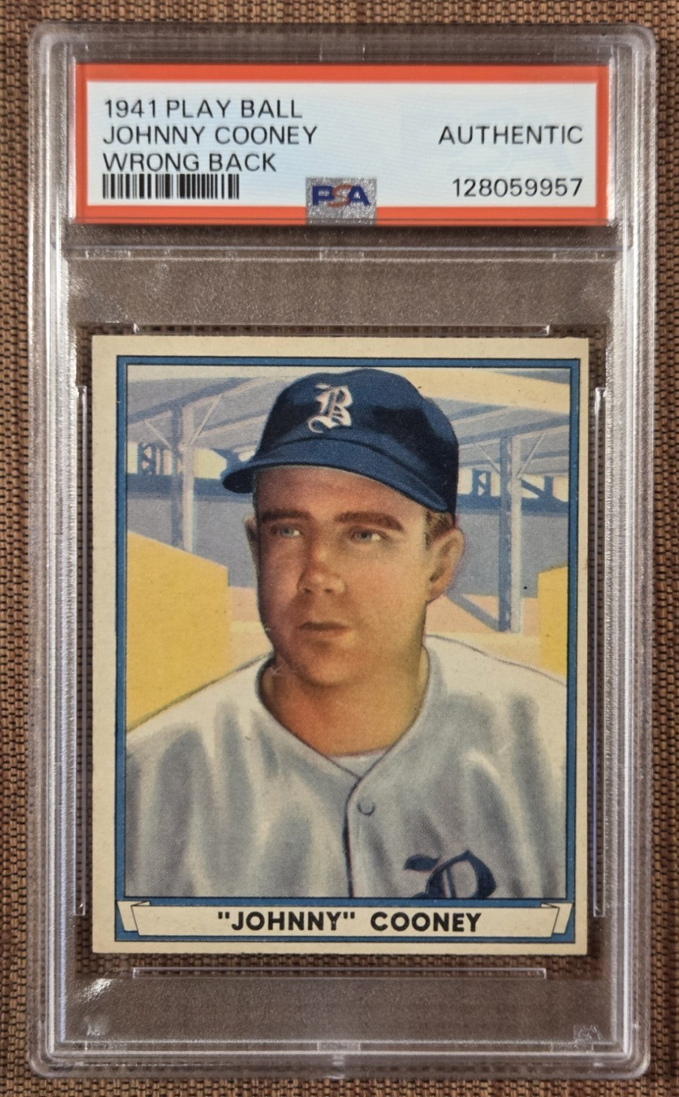 1941 Play Ball Joe Dimaggio Wrong Back #50 Johnny Cooney Baseball Card PSA Error0