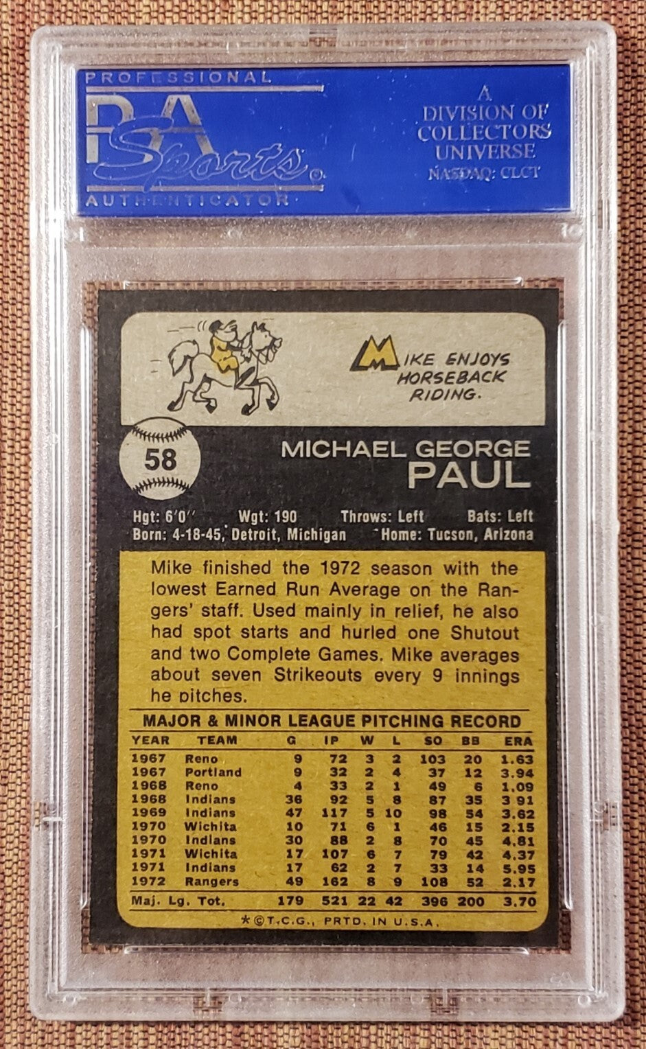 1973 Topps #58 Mike Paul Texas Rangers Authentic  Baseball Card PSA 9 Mint1